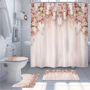 Bridal Floral Elegant 4 piece Shower Curtain and Bath Mat Set